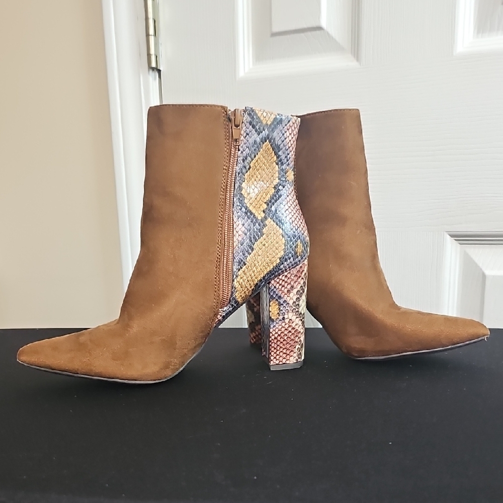 Brown Suede Ankle Boots with Snakeskin Heel